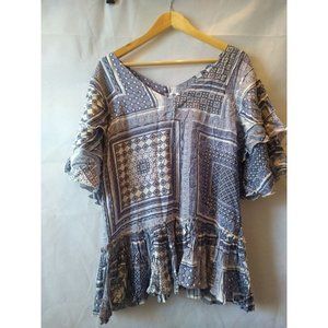 NWT Pure Nordic Blue & White V-Neck Tiered Short Sleeve Babydoll Blouse Size M